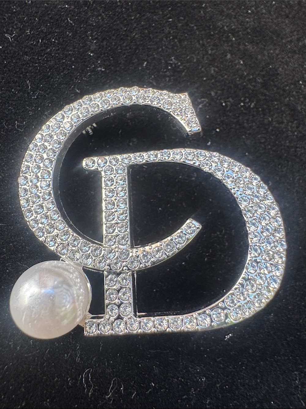 Brooch Silver Crystal Double-Initial Brooch with Pearl Accent